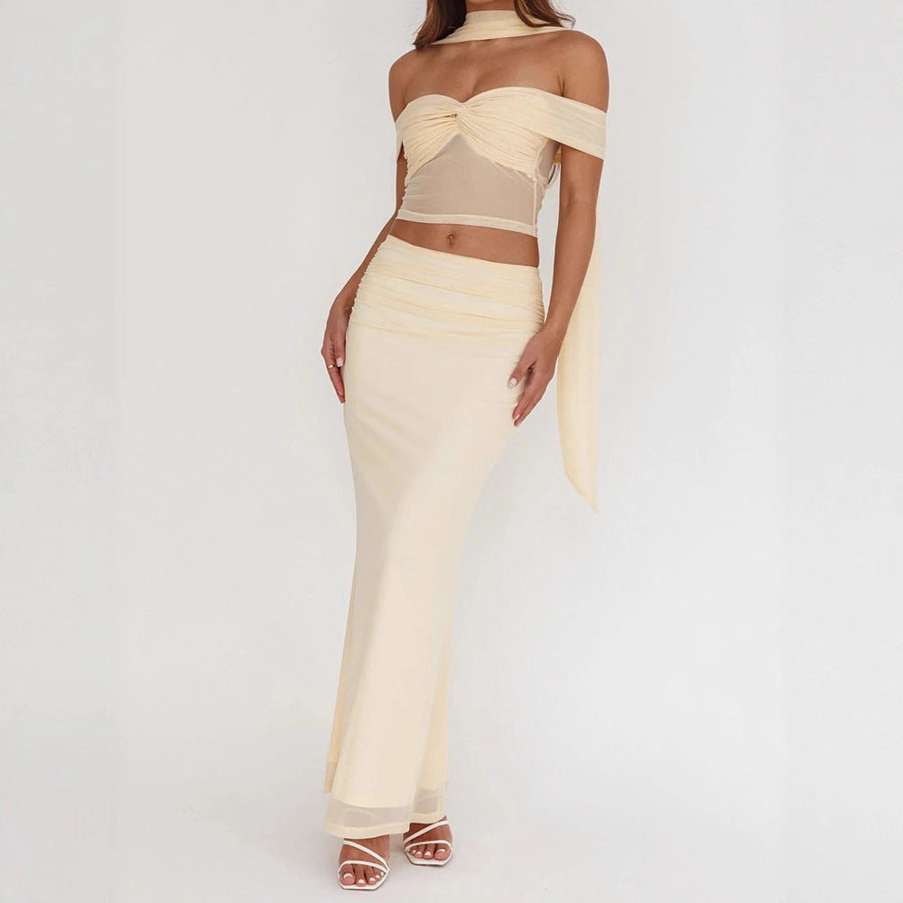 Damen elegantes Wickelkleid mit schulterfreiem Oberteil und drapierter Silhouette R&B