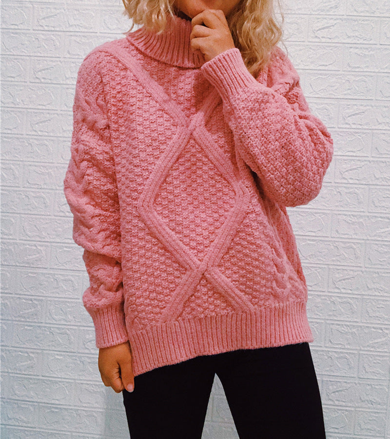 Damen Grobstrickpullover mit modischem Zopfmuster und hohem Kragen R&B