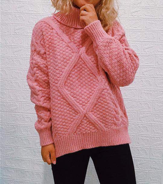 Damen Grobstrickpullover mit modischem Zopfmuster und hohem Kragen R&B
