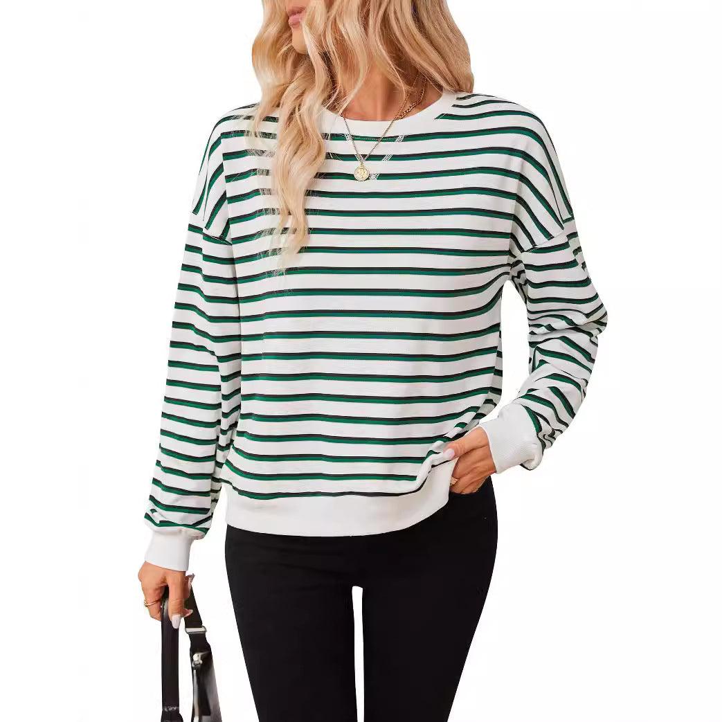 Damen lässiger Sweatshirt mit modernem Streifenmuster und Rundhalsausschnitt R&B