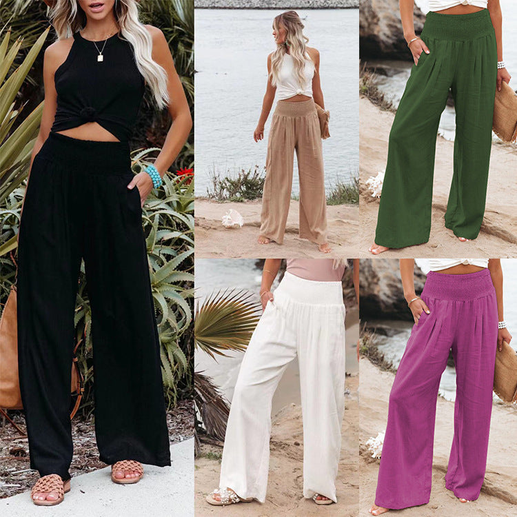 Damen Weite Leinenhose mit elastischem Bund und plissierten Details R&B