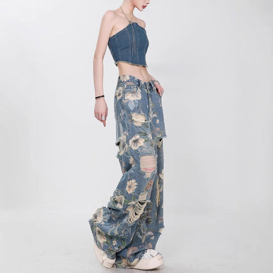 Damen Weit geschnittene Jeans mit floralem Design und schickem Destroyed-Effekt R&B