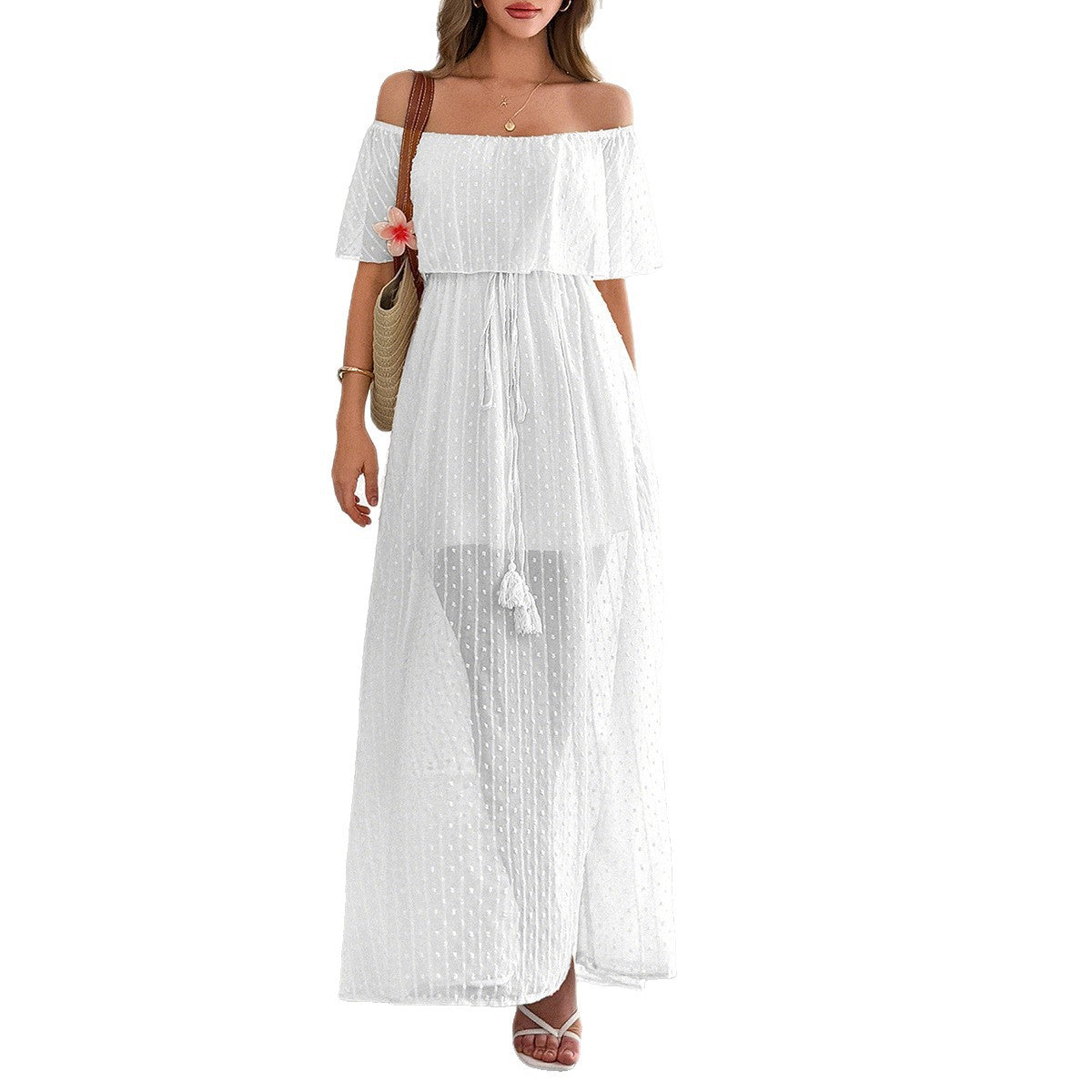 Damen Off-Shoulder Maxikleid mit feinem Punktedesign und Taillenbindung R&B
