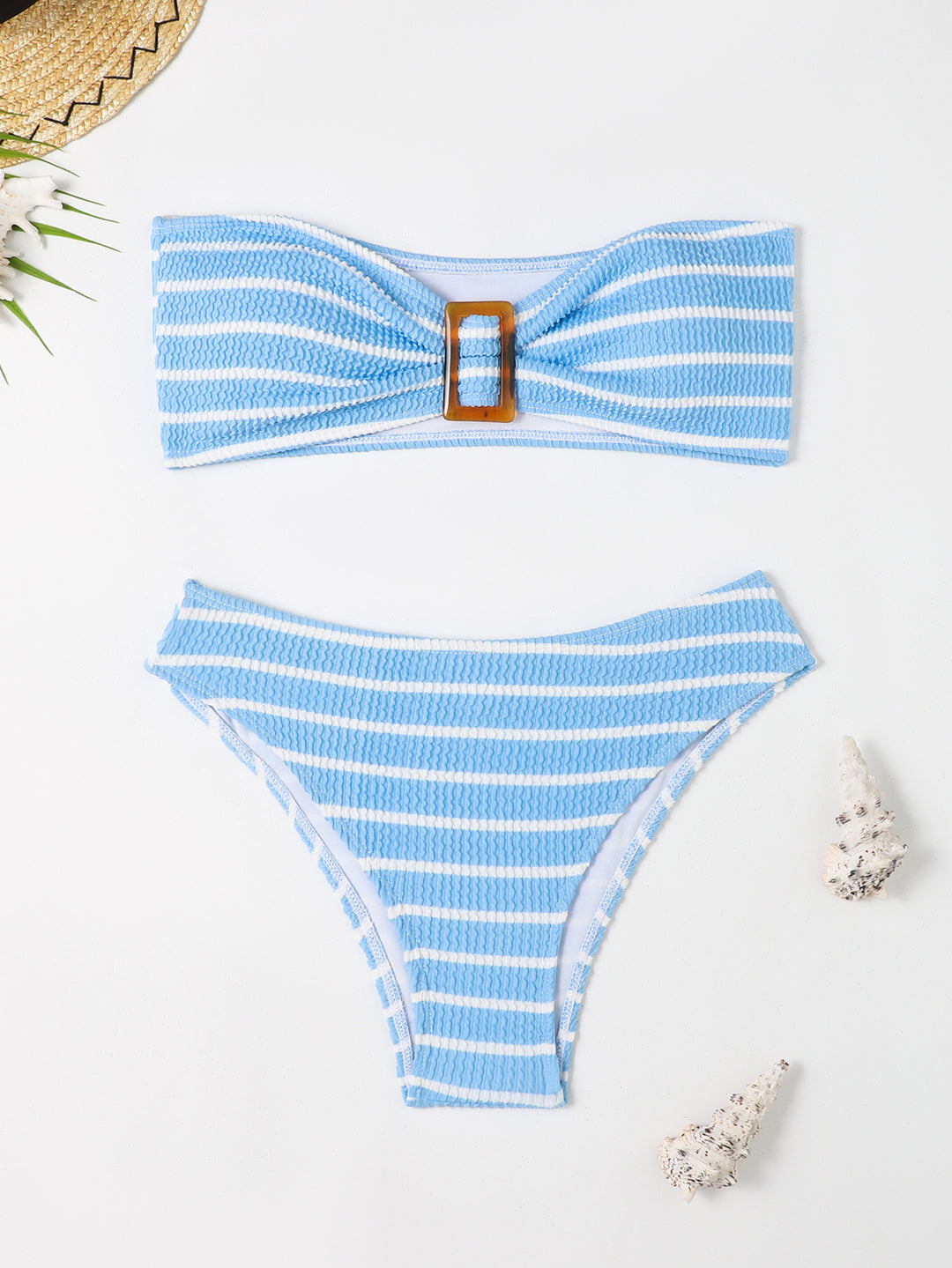 Damen Bandeau-Bikini mit modischem Streifenmuster und dekorativer Schnalle R&B