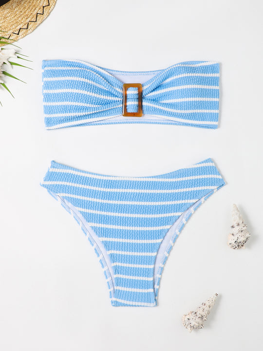 Damen Bandeau-Bikini mit modischem Streifenmuster und dekorativer Schnalle R&B