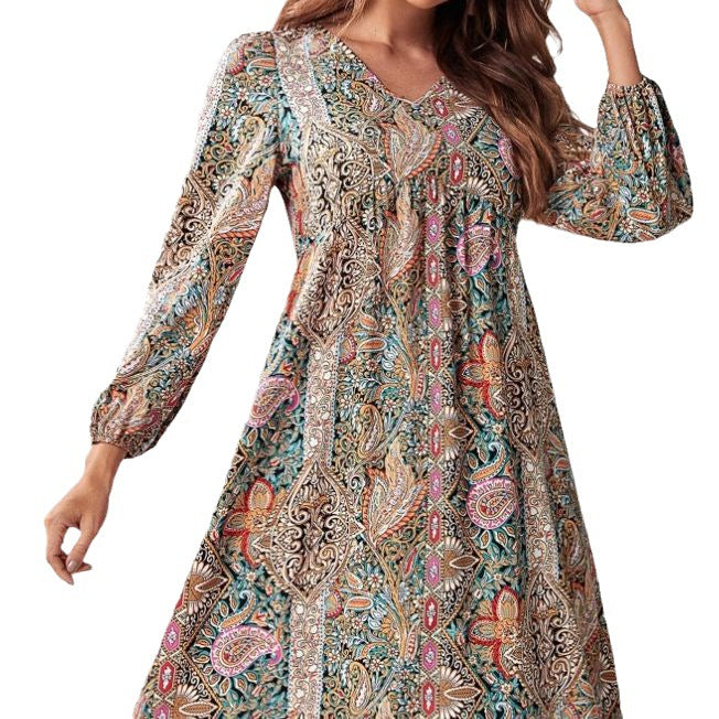 Damen Freizeitkleid mit tiefem V-Ausschnitt und langen Ärmeln R&B