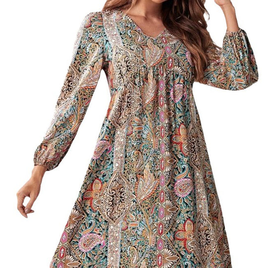 Damen Freizeitkleid mit tiefem V-Ausschnitt und langen Ärmeln R&B