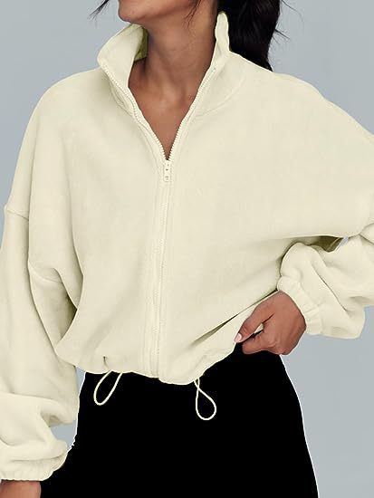 Damen lässiger Fleece-Pullover mit hohem Kragen und Kordelzug R&B