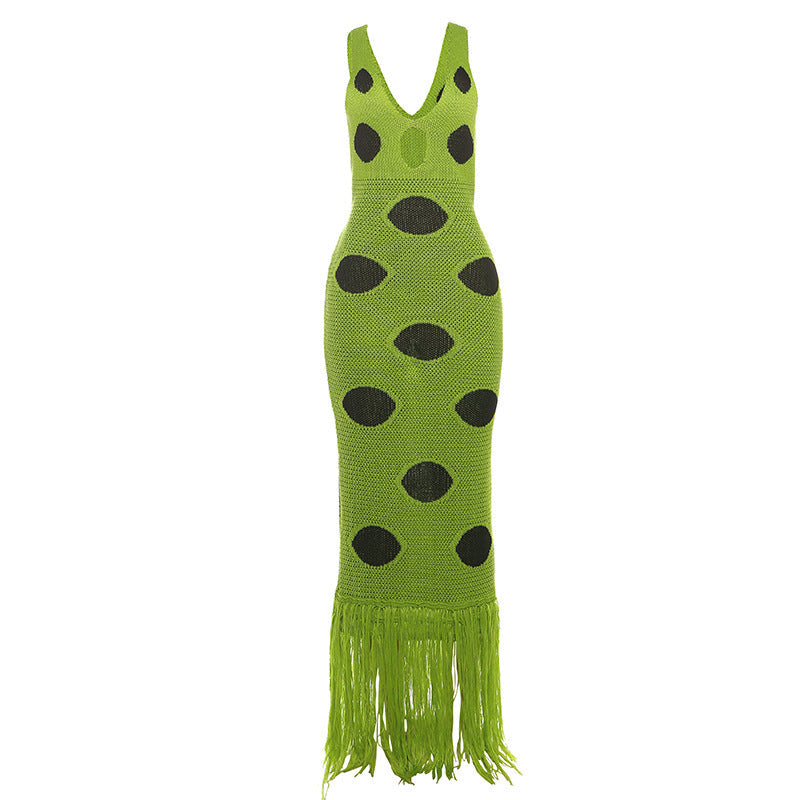 Damen Maxikleid mit tiefem V-Ausschnitt und fransigen Details R&B