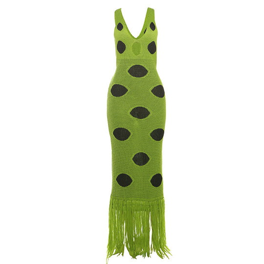 Damen Maxikleid mit tiefem V-Ausschnitt und fransigen Details R&B