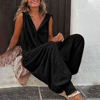 Damen Lässiger Jumpsuit mit Kapuze und Knopfverschluss R&B
