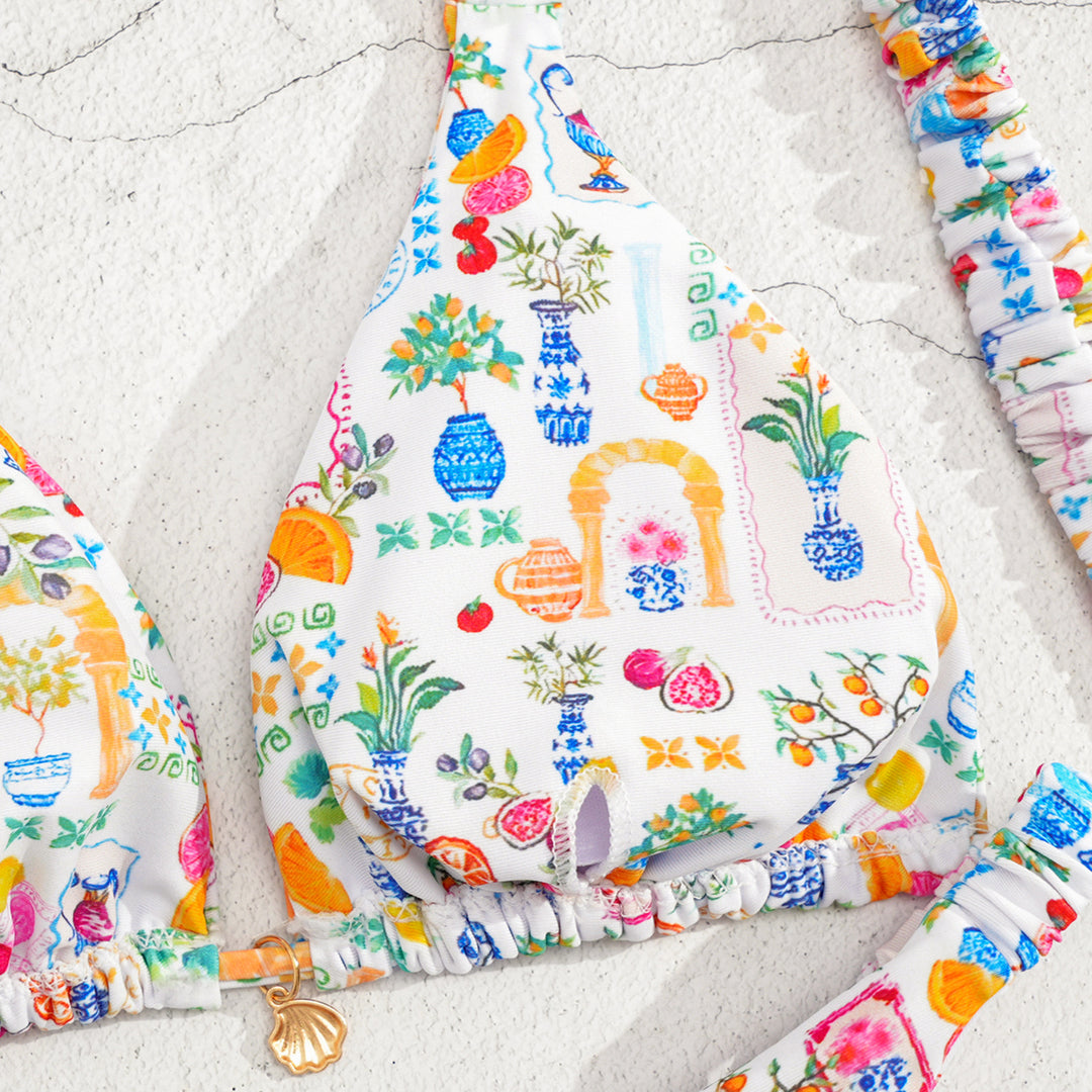 Damen Triangel-Bikini mit buntem Blumenmuster und verstellbaren Trägern R&B