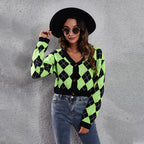 Damen Trendige Karomuster Strickjacke mit Knopfverschluss und weitem Schnitt R&B