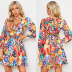 Damen fließendes Blumenkleid mit V-Ausschnitt und langen Ärmeln R&B
