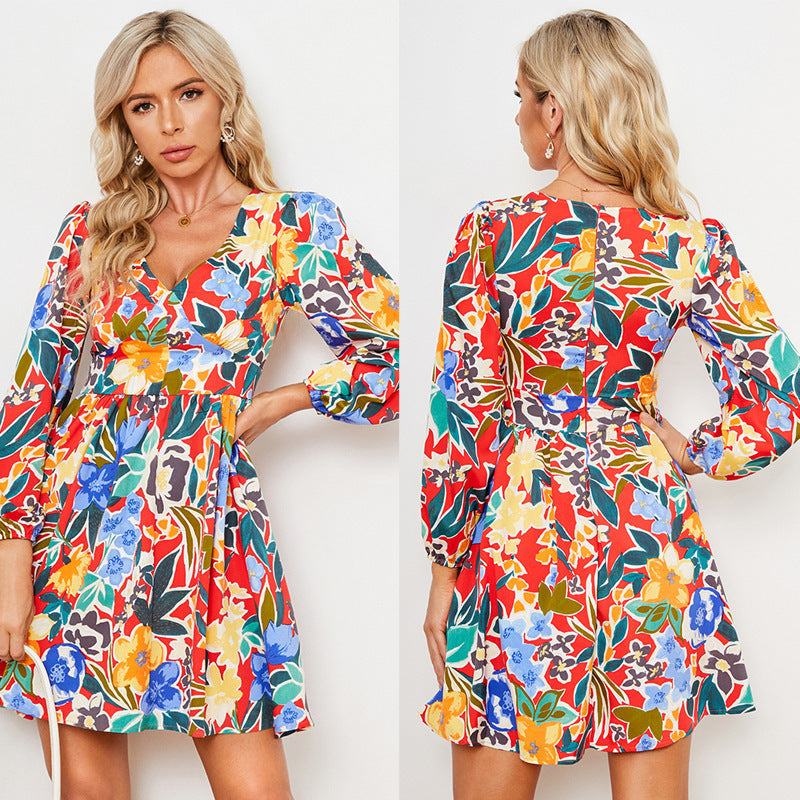 Damen fließendes Blumenkleid mit V-Ausschnitt und langen Ärmeln R&B