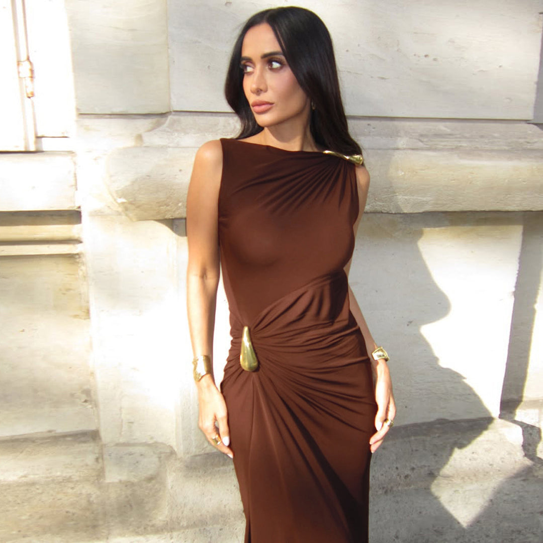 Damen Elegantes Maxikleid mit asymmetrischem Schnitt und drapiertem Detail R&B