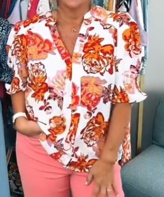 Damen nan lockere Bluse mit gerafften Puffärmeln und Knopfleiste R&B