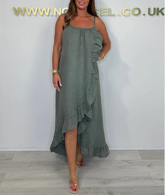 Damen Langarm Maxikleid mit asymmetrischem Saum und Rüsche R&B