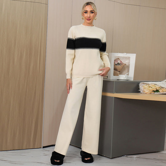 Damen gemütliches Strick-Loungewear-Set mit elegantem Strukturmuster und weitem Bein R&B