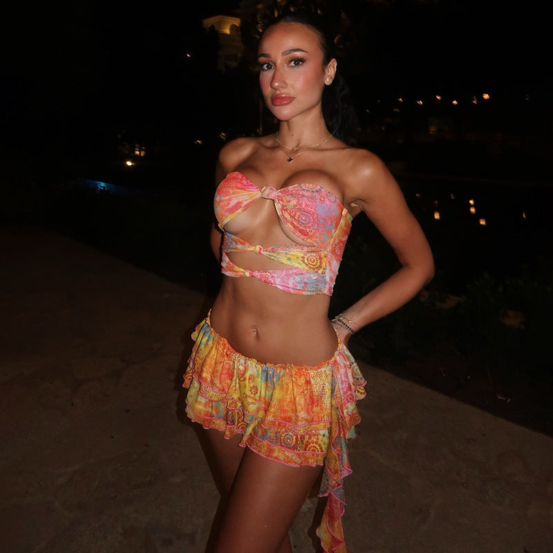 Damen Bandeau-Wickeloberteil mit verspieltem Rock und floralen Prints R&B