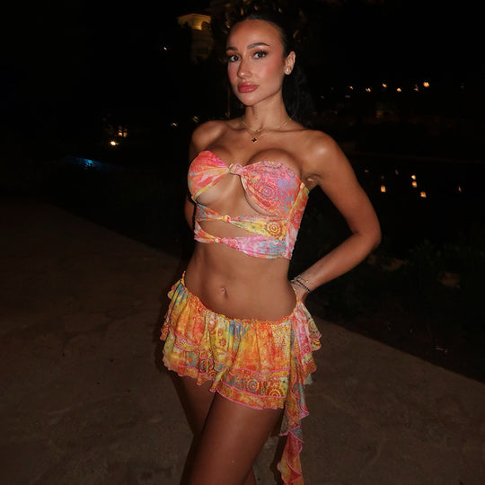 Damen Bandeau-Wickeloberteil mit verspieltem Rock und floralen Prints R&B
