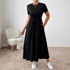Damen lässiges Maxikleid mit elastischem Taillenbund und Rundhalsausschnitt R&B