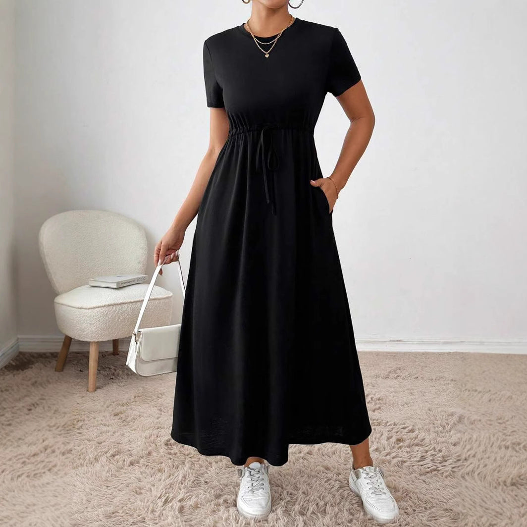 Damen lässiges Maxikleid mit elastischem Taillenbund und Rundhalsausschnitt R&B