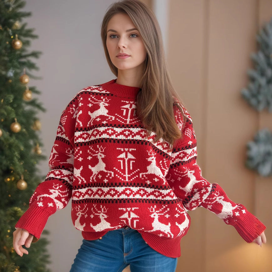 Damen weihnachtlicher Strickpullover mit festlichem Rentierdesign und hohem Kragen R&B