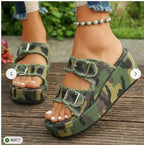 Damen bequeme Plattformsandalen aus Denim mit doppeltem Riemen R&B