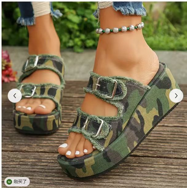 Damen bequeme Plattformsandalen aus Denim mit doppeltem Riemen R&B
