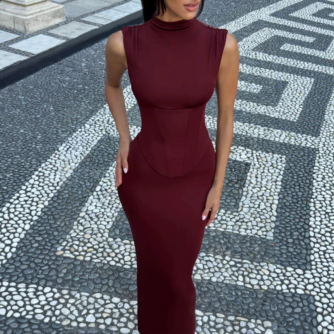 Damen Elegantes langes Kleid mit hohem Kragen und figurbetonter Silhouette R&B