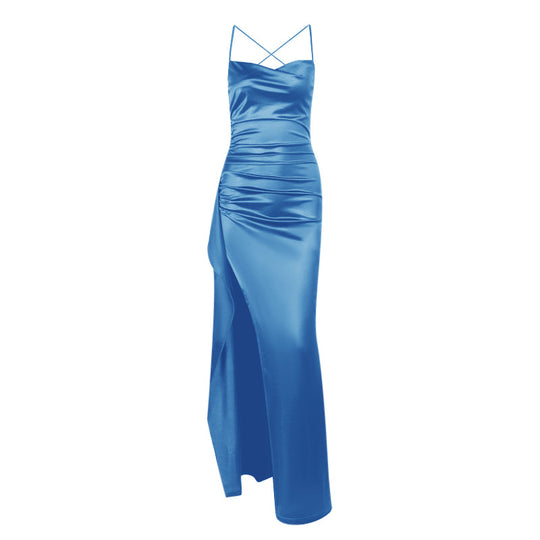 Damen elegantes Satin-Kleid mit tiefem Schlitz und verstellbaren Spaghetti-Trägern R&B