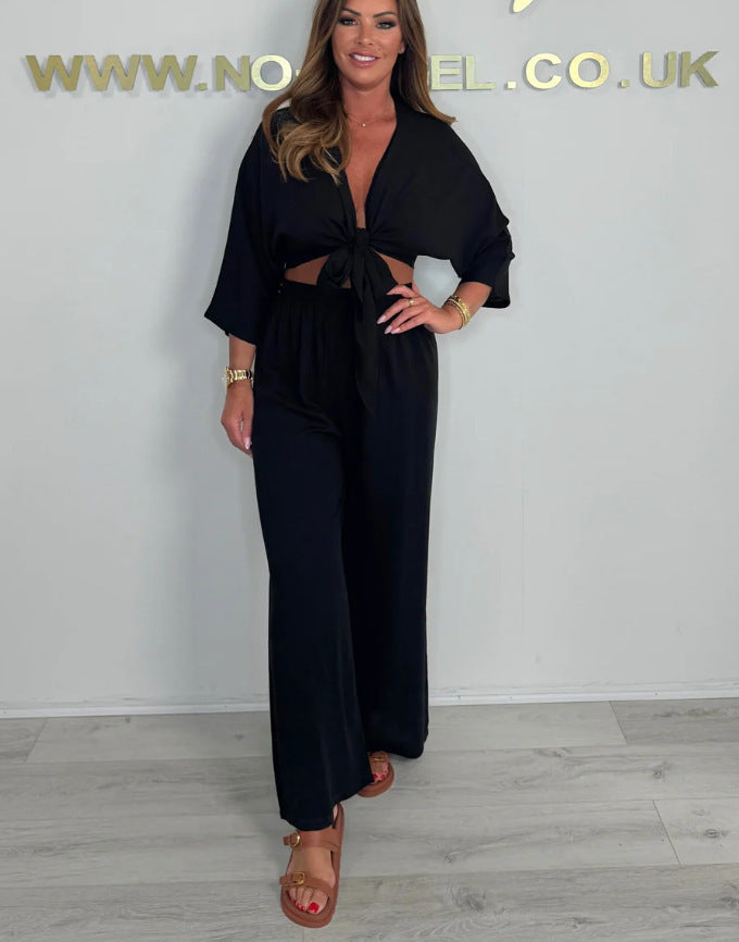 Damen Eleganter Jumpsuit mit verspieltem Knoten und weit geschnittenen Beinen R&B