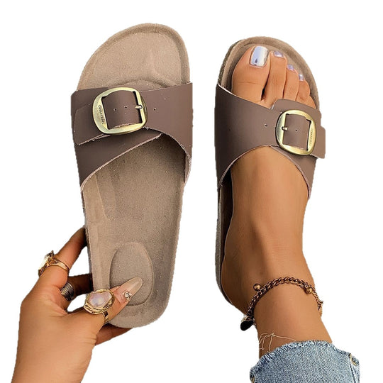 Damen Komfortable Fußbett-Sandalen mit breitem Riemen und glänzender Schnalle R&B