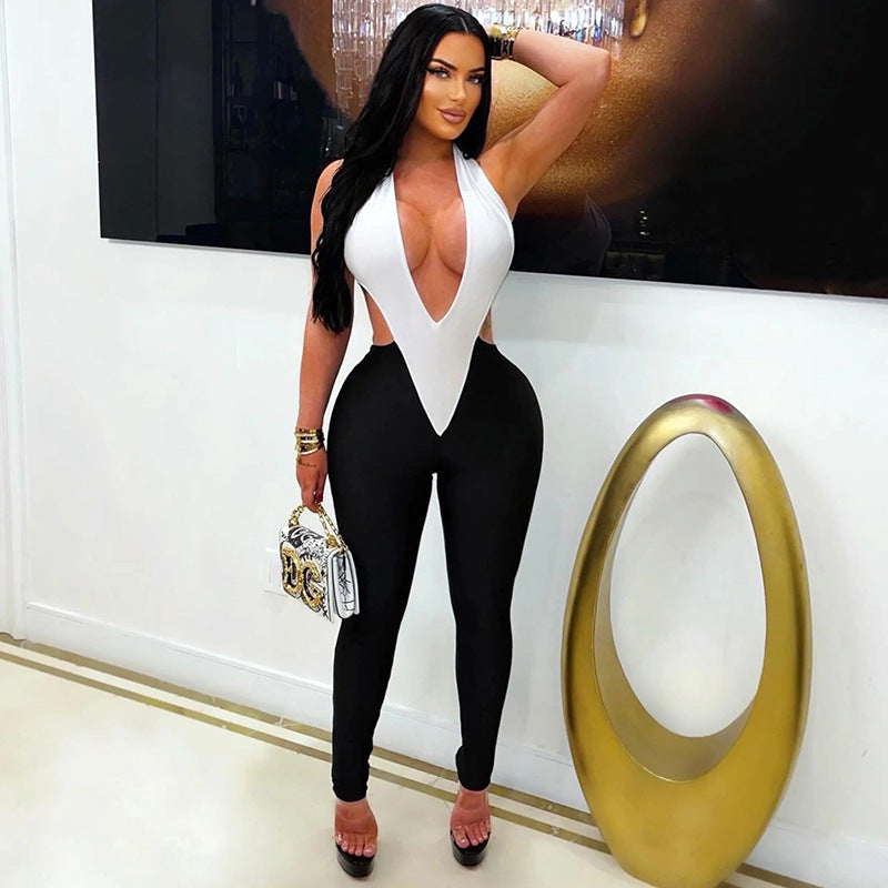 Damen Eleganter und figurbetonter Jumpsuit mit tiefem V-Ausschnitt und seitlichen Cut-Outs R&B