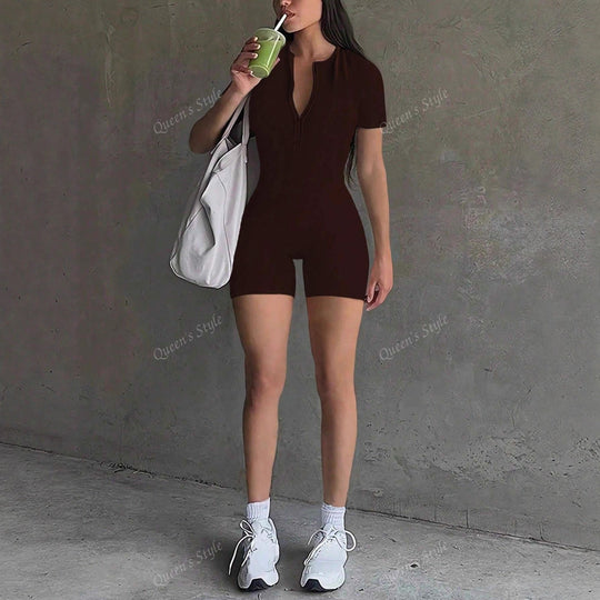 Damen Bodycon Jumpsuit mit kurzem Arm und Reißverschluss R&B