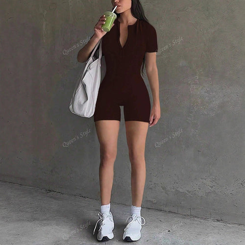 Damen Bodycon Jumpsuit mit kurzem Arm und Reißverschluss R&B