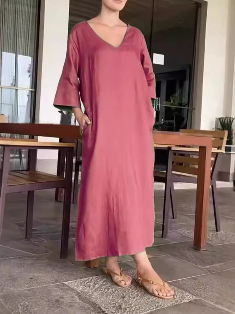 Damen luftiges Maxikleid aus atmungsaktiver Baumwolle mit V-Ausschnitt und praktischen Taschen R&B