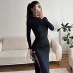 Damen elegantes, figurbetontes Kleid mit Raffungen und hohem Schlitz R&B