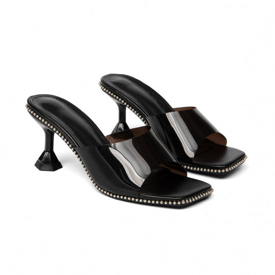 Damen elegante Mules mit glänzendem Material und funkelnden Perlendetails R&B