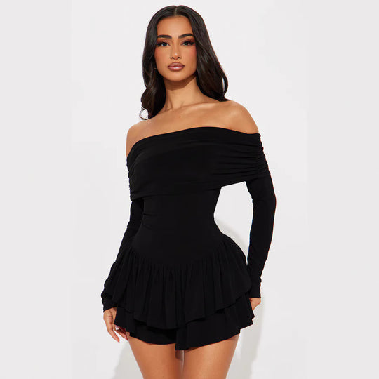 Damen Off-Shoulder Minikleid mit Rüschendetails und Elasthan-Anteil R&B