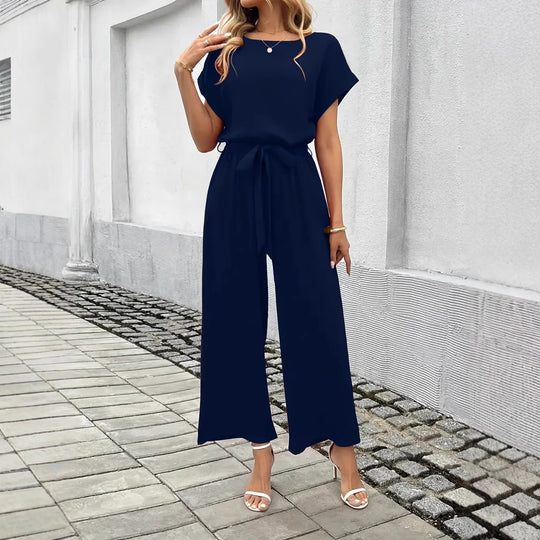 Damen Eleganter Jumpsuit mit weitem Bein und Taillenknoten R&B
