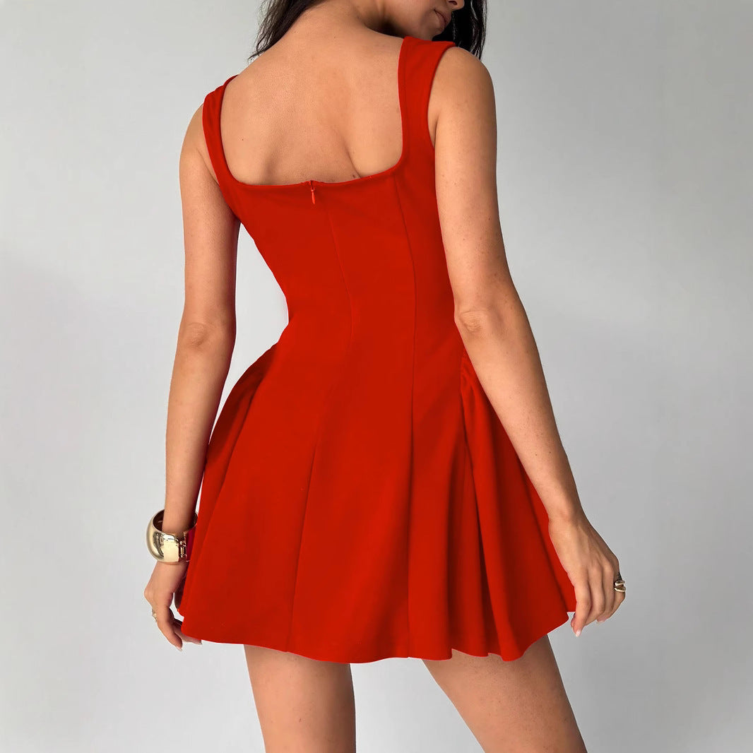 Damen Fließendes Minikleid mit quadratischem Ausschnitt und ausgestellten Rock R&B
