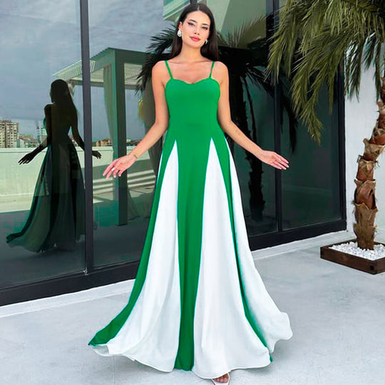 Damen Elegantes Maxikleid mit diagonalen Farbakzenten und schmalen Spaghettiträgern R&B