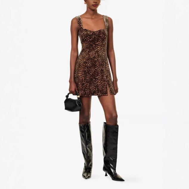 Damen figurbetontes Minikleid mit Leopardenmuster und eleganten Trägern R&B