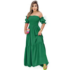 Damen Off-Shoulder Maxikleid mit voluminösen Puffärmeln und nostalgischer Raffung R&B