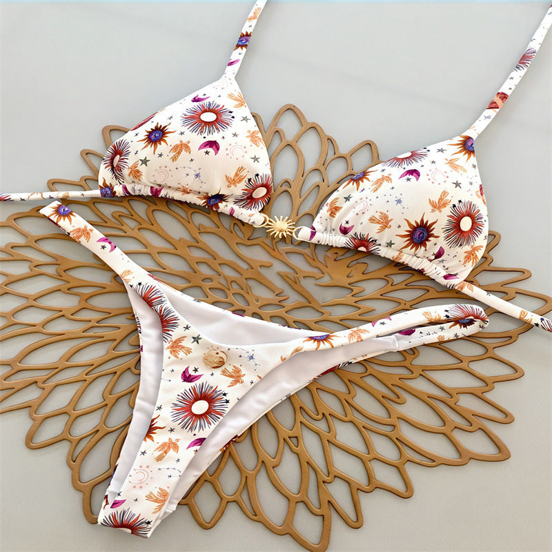 Damen Triangel-Bikini mit floralem Muster und eleganter Goldschließe R&B