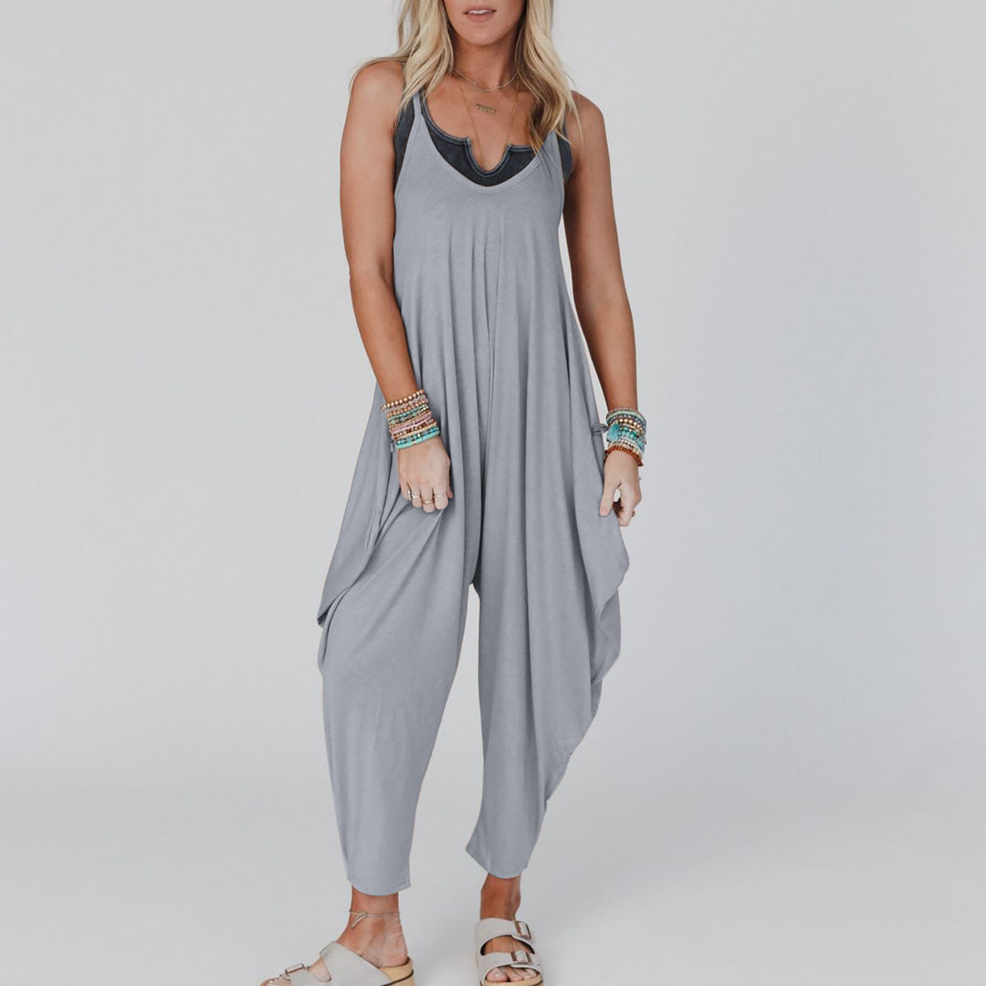 Damen bequemer Jumpsuit mit lässigem Schnitt und tiefem V-Ausschnitt R&B