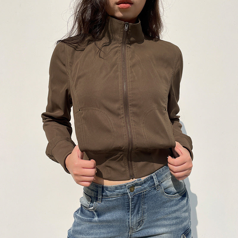 Damen modische cropped Jacke mit Stehkragen und Reißverschluss R&B