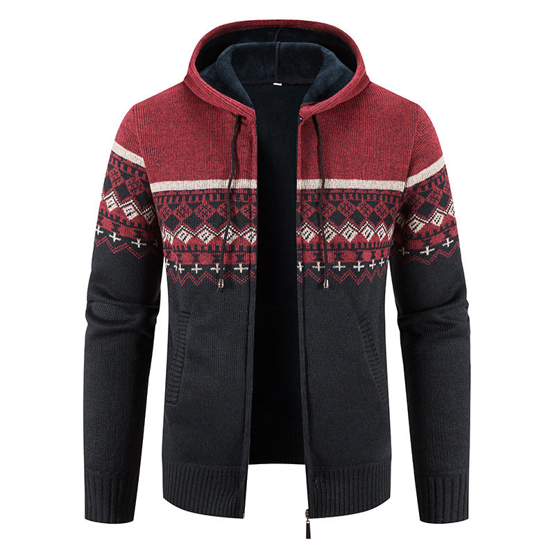Herren nan gefütterte Strick-Zipjacke im Norwegerstil mit Kapuze und Thermofleece R&B